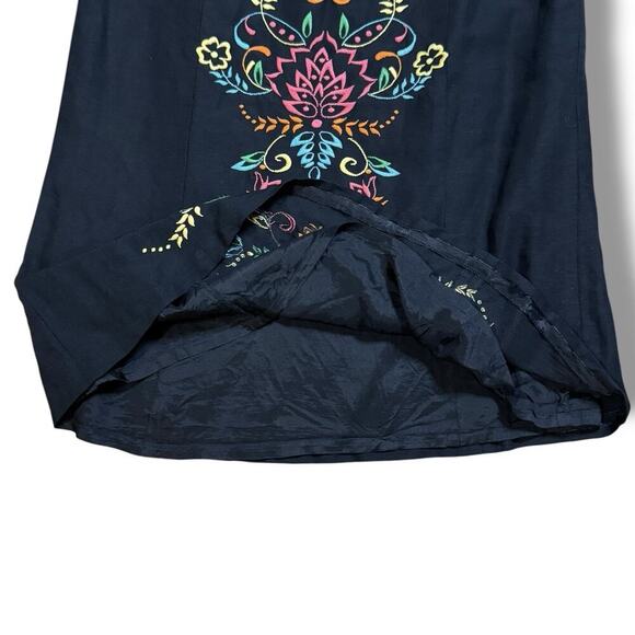 VTG Y2K Boho Embroidered Floral Harolds Skirt Size 8 Black Linen Blend Midi - Picture 9 of 10
